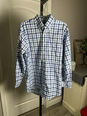 Overton Men's Medium Blue and White Plaid Gingham Button Down Oxford Shirt#316